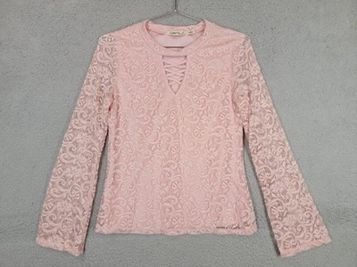 Pink Lace Blouse Large Long Sleeve Top Liberty Love Feminine Cottage Romantic  - Image 1 of 4