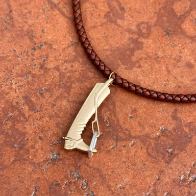 Silver and Yellow Plated Cowboy Boot Stir-Up Brown Braided Leather Necklace 16'' - Image 1 of 4