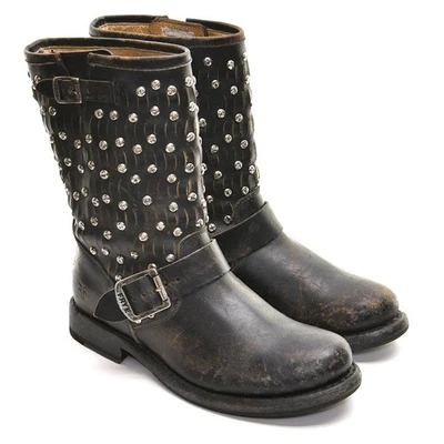 Womens Frye Jenna Cut Stud 76348 Biker Boots 6 B Distressed Black Pull Up Shoes - Image 1 of 4