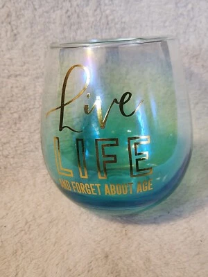 Copa de vino sin tallo artesanal de regalo azul con impresión dorada 16 oz "Live Life And..." Foto 1 de 4