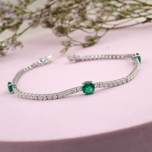 4.17 TCW Round Zambian Emerald SI/H Diamond Tennis Bracelet 18k White Solid Gold - Picture 1 of 12