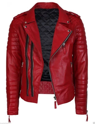Men's 100% Genuine Lambskin Leather Jacket Red Biker Motorcycle Classic Jacket - Image 1 of 4