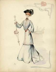 "COSTUME de MODE FEMININE 1904" Gouache originale s/ papier par P. FOURNIAT 1948 - Picture 1 of 1