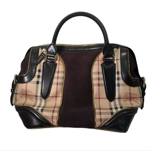 Authentic Burberry Check Suede Leather Satchel Tote Bag Black Brown Plaid - Picture 1 of 15