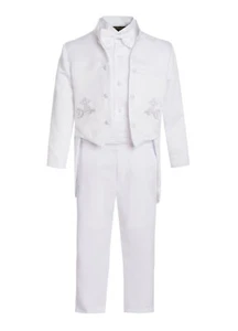 BOYS SLIM CHURCH Christening Baptism 1ST Communion FORMAL WHITE TAIL TUXEDO 5PC  - Picture 1 of 5