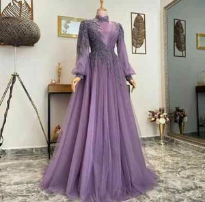 Lila muslimisches Langarm Ballkleid Luxus Perlen Spitze A-Linie formell Partykleider - Bild 1 von 10