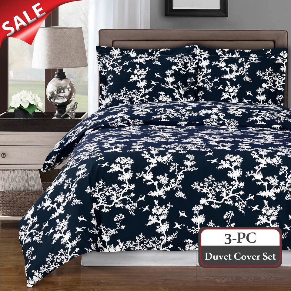 Nature Inspired 100% Cotton Navy/White 3PC Lucy Duvet Cover With Matching Shams - Image 1 of 1