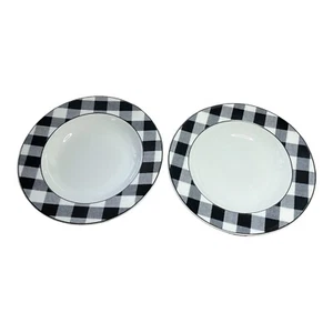 Pair Studio Nova Fine China Buffalo Plaid White & Black 9" Rim Soup Bowls Japan - Picture 1 of 11