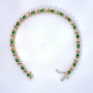 Ladies 10K Yellow Gold 2 TCW Emerald & Diamond Tennis Bracelet May Birthstone - Picture 1 of 12