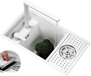 Hidden Bar/Cafe/RV/kitchen Sink w up and down Faucet &Glass Rinser Set White - Picture 1 of 8