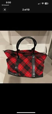 LL bean wool blend leather handle large plaid tote bag - Image 1 of 4