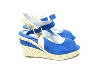 Size 6 Womens Peep Toe Fine Blue Suede Espadrille Platform Wedge - Picture 1 of 6
