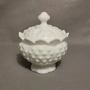 Vtg Fenton Hobnail White Milk Glass Ruffled Sugar Bowl Candy Dish with Lid - Picture 1 of 8