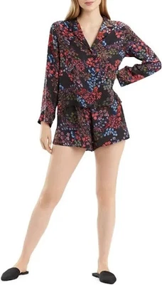 Conjunto de pijama Josie Natori feminino cetim manga longa top e curto preto floral GG novo - Imagem 1 de 4
