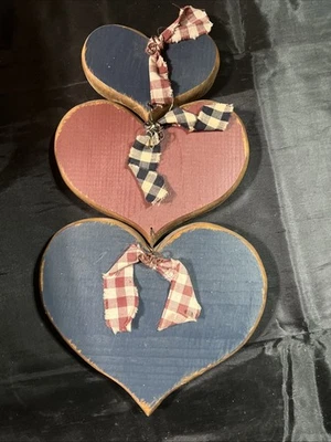 Vintage Country Wood Hearts Hanging Wall Decor Primitive Hanging Sign. 8x14” - Image 1 of 4