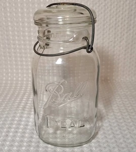 Vintage Antique Ball Ideal Mason Jar Quart Clear Glass Wire Bail Top Lid - Foto 1 di 13