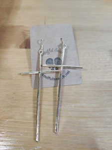 Large Cross Gold tone Metal Pierced Wire Dangle Earrings 4" - Picture 1 of 3