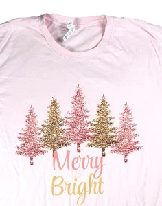 Merry & Bright Christmas Tree Minimalist 100% Cotton Pink T-Shirt Women's 2X - Picture 1 of 5