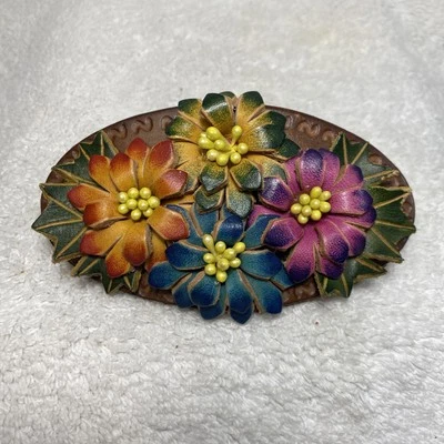Leather Flower  Barrette Hair Clip hand crafted Ponytail Holder - Image 1 of 4