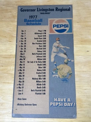 1977 Governor Livingston Regional High School, NJ Pepsi Baseball Schedule Sign - Image 1 of 4