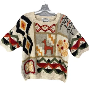 Suéter con agujas de tejer para mujer mediano crema manga corta diseño boho llama - Imagen 1 de 10