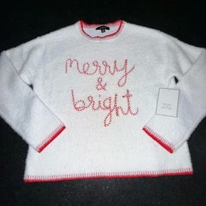 NUOVO MAGLIONE ANTHROPOLOGIE CALLAGRAPHIE BIANCO FUZZY NASTRO ROSSO ALLEGRO E LUMINOSO LRG - Foto 1 di 9