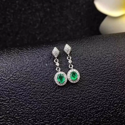 2CT Oval Lab-Created Emerald Diamond Women Dangal Earring 14K White Gold Plated - Image 1 of 4