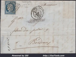 FRANCE CERES 25c N°4 SUR LETTRE GRILLE + CAD TYPE 15 LYON DU 25/11/1851 - Picture 1 of 2