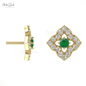 2mm Round Emerald & Diamond Floral Stud Earrings in 14k Gold Fine Jewelry Gift - Picture 1 of 22