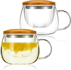 Set of 2 Glass Tea Cup with Infuser and Lid 11.8 oz Clear Glass Mugs Thickene... - Picture 1 of 3