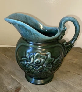 Vintage Hull 7" Pottery Pitcher USA Blue Green Drip Glaze Embossed Rose #A50 - Picture 1 of 11