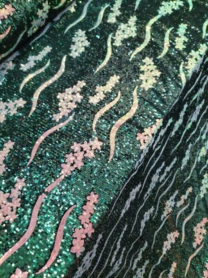 Emerald Green Sequin Embroidery Stretch Velvet Iridescent Gold Fabric By The Yar - Image 1 of 4