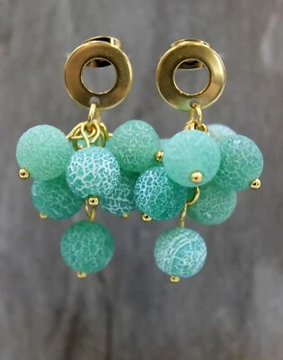 Glass Jewels Edelstahl Ohrringe Ohrstecker Perlen Träubel Achat Matt Cyan #D031 - Bild 1 von 4