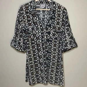 Rebecca Malone Popover Blouse Woman 2X Brown Tan Semi Sheer Lines Chest Pockets - Picture 1 of 5