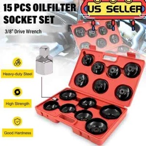 16Pcs Oil Filter Wrench Set Cup Type Removal Tool Socket Kit 1/2" 3/8" Adaptor - Picture 1 of 15