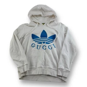adidas x Gucci White w/ Blue Hooded Cotton Embroidered Sweatshirt Women’s Medium - Picture 1 of 5
