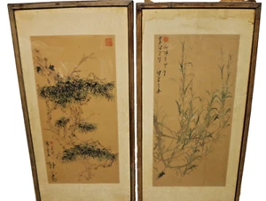 Coppia di antichi dipinti cinesi su seta cir 1880 33" x 16" - Foto 1 di 17