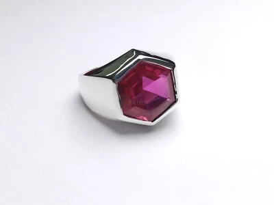 Hexagon  Lab Created Ruby 925 Sterling Silver Handmade Signet Ring - Image 1 of 4