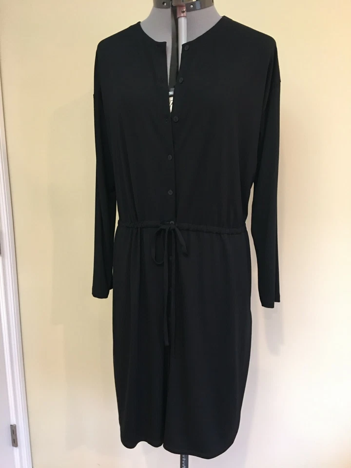 Eileen Fisher Black Viscose Drawstring Waist RNDNK K/l Dress Large L Rt208