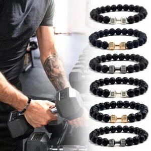 Natural Black Volcanic Lava Stone Dumbbell Bracelets Jewelry Fitness H2W9U K* - Picture 1 of 18