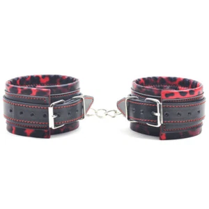 Red Stitching Leopard Chain Linked Wrist Cuffs for BDSM Bondage Restraint Sex - Picture 1 of 16