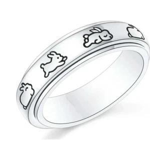 925 Sterling Silver Rabbit Print Spinner Ring Thoughtful Handmade Christmas Ring - Foto 1 di 6
