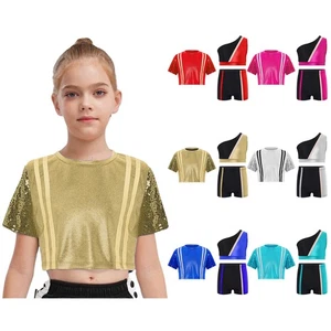 Girls Hip Hop Dance Outfits Gymnastics Shiny T-shirts Crop Tops with Shorts Set - Picture 1 of 59