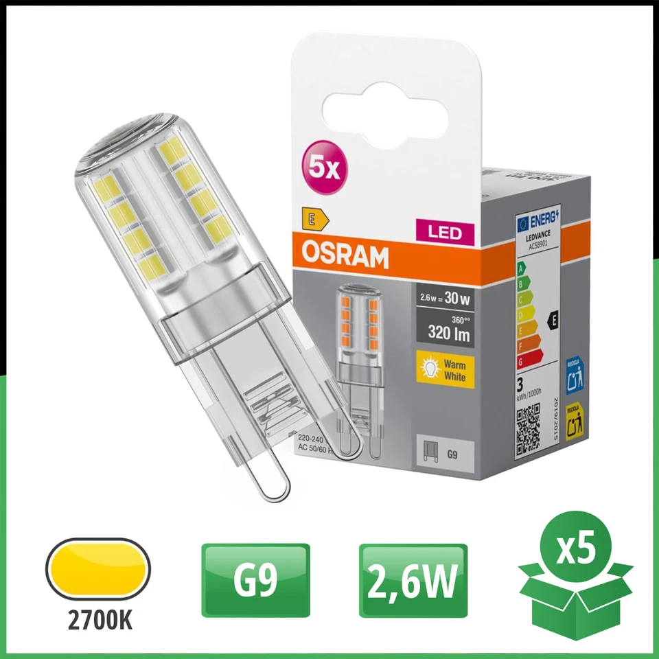 OSRAM 5x LED Leuchtmittel G9 2,6W = 30W 320lm 2700K Warmweiß 300° 5 Stück - Bild 1 von 4