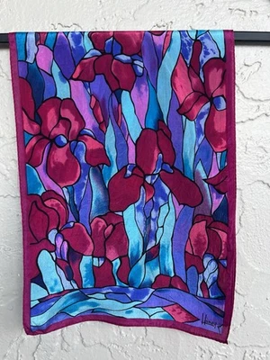 Vtg Honey rectangular Floral silk scarf Pink Blue Multicolor 52” X 10” Japan - Image 1 of 4