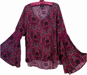 Rue 21 Top XL Cute Silky Paisley Bell Sleeve Fairycore Whimsigoth Shirt Blouse - Picture 1 of 7