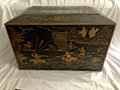 Chinese Export Trunk/antique/black l/warriors/mandarin/4 side scenes - Image 1 of 4