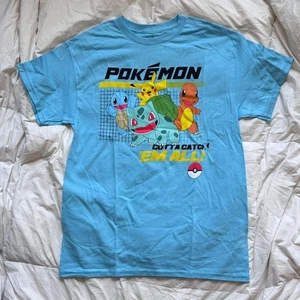 Blaues Pokemon Grafik T-Shirt Gr. Med Pikachu Squirtle Charmander Bulbasaur Gamer - Bild 1 von 8