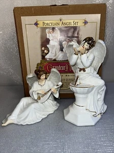 Grandeur Noel White & Gold Porcelain Angel Set Christmas Mandolin & Dove - Picture 1 of 10