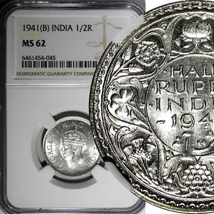 India-British George VI Silver 1941 (B) 1/2 Rupee Bombay NGC MS62 KM# 551 (045) - Picture 1 of 4